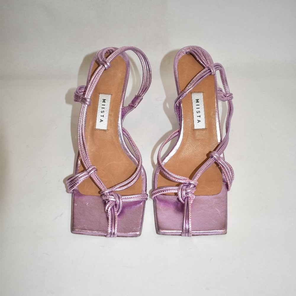 Miista Metallic Lilac Knotted Strappy Square-Toe Sandals